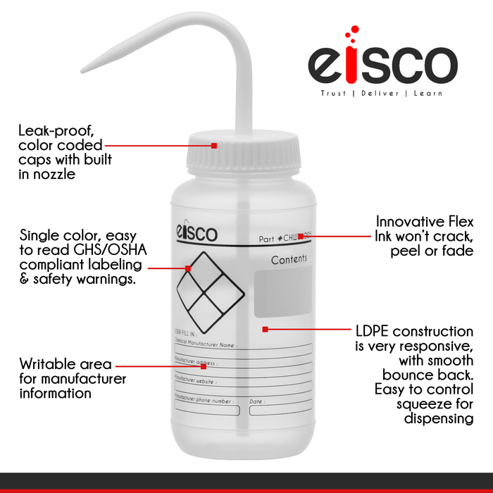 6PK Chemical Wash Bottle, Blank Labels, 500ml - Wide Mouth, Self Venting, Low Density Polyethylene - Performance Plastics by Eisco Labs