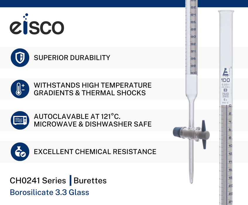 Schellbach Burette, 100mL - Class B - PTFE Stopcock - Blue Graduations - Borosilicate Glass