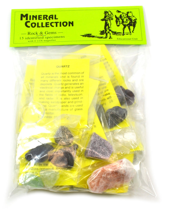Premium 15-Piece Identified Mineral Collection with 4.5x Hand Lens