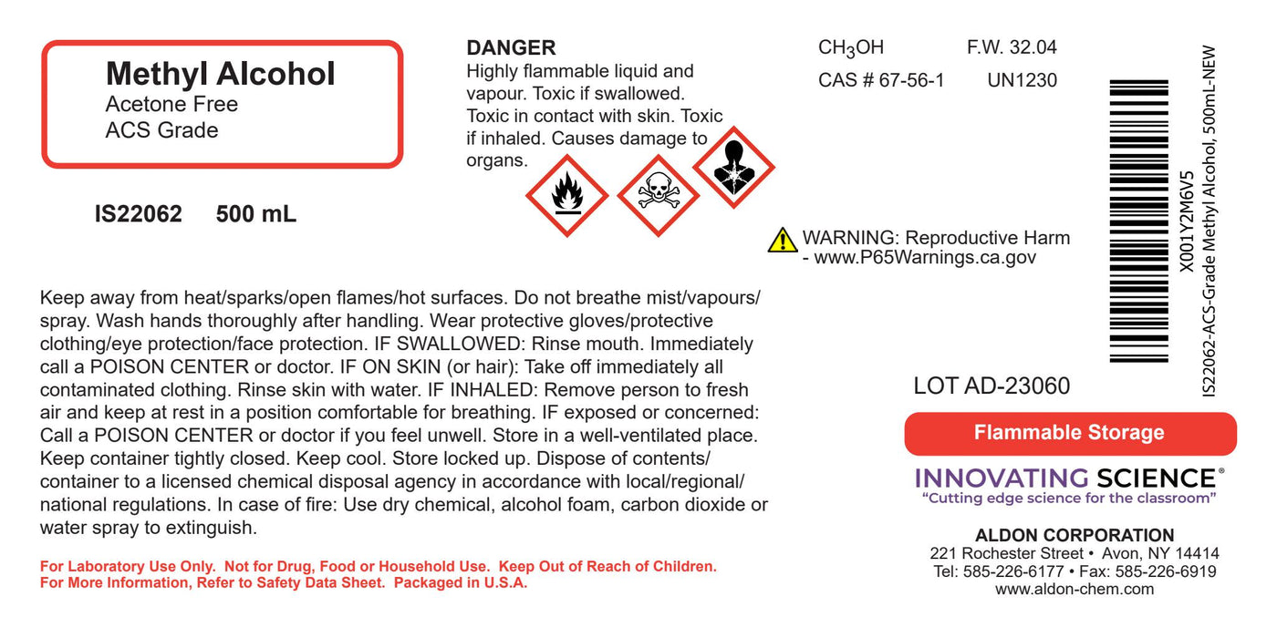 Methyl Alcohol, 500mL - ACS-Grade - The Curated Chemical Collection