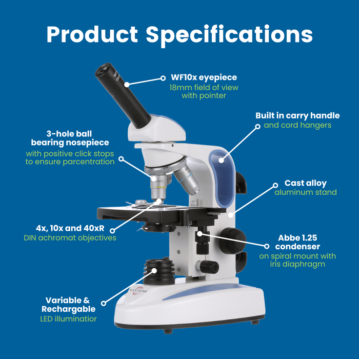 Microscope EXM-150-MS - Monocular Head, 40-400X Magnification, Mechanical Stage, Cordless LED Illumination