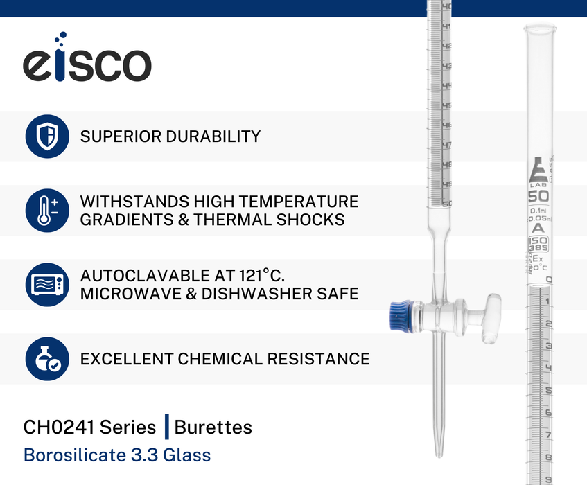 Schellbach Burette, 50mL - Class A - Glass Stopcock - White Graduations - Borosilicate Glass