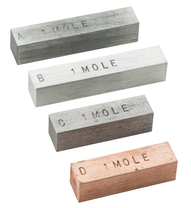 Mole Set - 4 Metal Bars that Represent "1 Mole" of the Element - Copper, Iron, Zinc, Aluminum