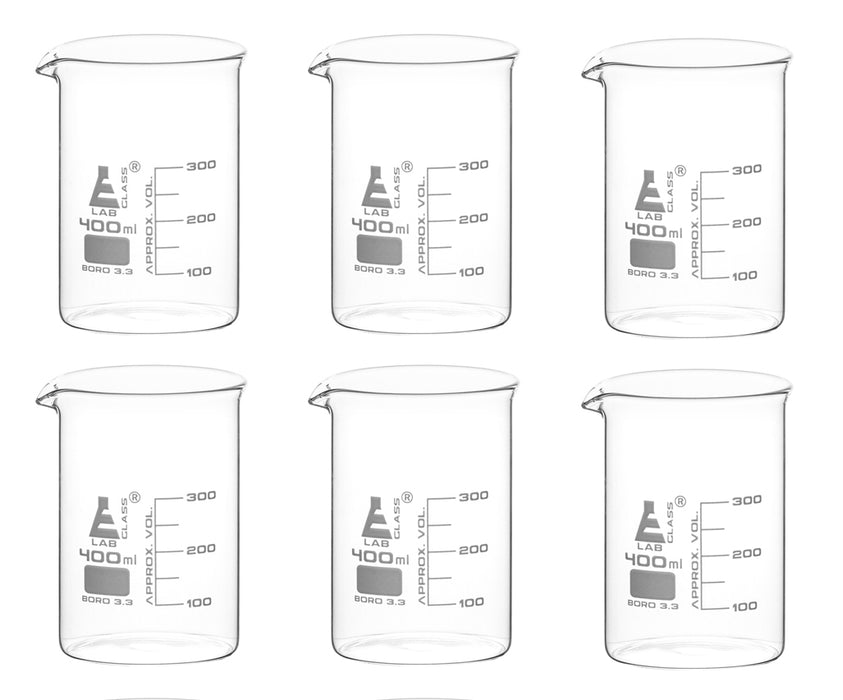 6PK Beakers, 400ml - Low Form - 50ml Graduations - Borosilicate Glass