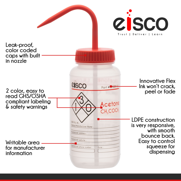 6PK Wash Bottle for Acetone, 500ml - Labeled with Color Coded Chemical & Safety Information (2 Color)  - Wide Mouth, Self Venting, Low Density Polyethylene - Eisco Labs
