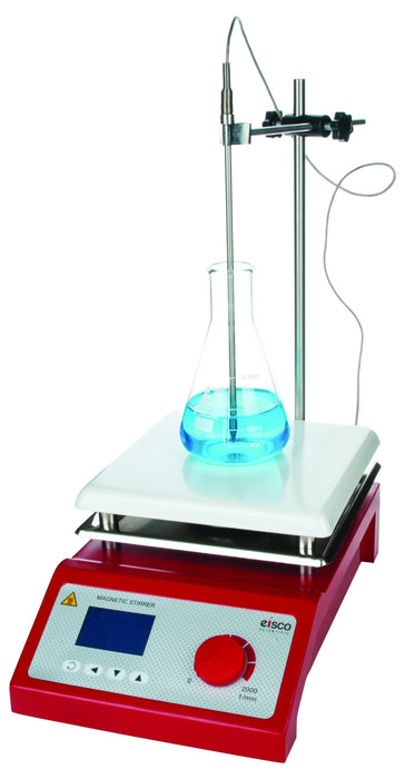 Magnetic Hotplate Stirrer - 7"x7" Ceramic Top - Digital Display - 5000mL Capacity - Max Temp 400°C - Stir Speed 100-2000 rpm - Includes Rod & Clamp Assembly, Temperature Probe, Stir Bar