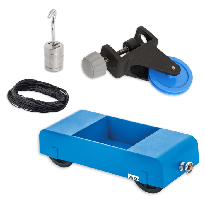 Eisco Labs - Newton & Hall’s Carriage Kit, Includes Hall's Car, Force Table Pulley, Physics String, Stainless Steel Weights & Hanger for Physics Experiments, Demonstrations of Motion, Force, and Friction