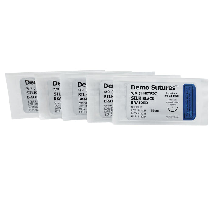 Demo Sutures - Set of 5 Silk Demo Sutures for Practice Suture Kit - 0/0, 2/0, 3/0, 4/0, 5/0 - Black Braided, Sterile, 75cm - Educational Use Only - Medical, Nursing, Veterinary Training