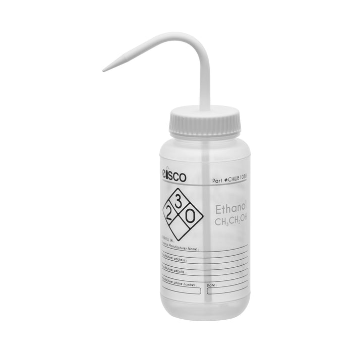 Wash Bottle for Ethanol, 500ml - Labeled with Color Coded Chemical & Safety Information (2 Color)  - Wide Mouth, Self Venting, Low Density Polyethylene - Eisco Labs
