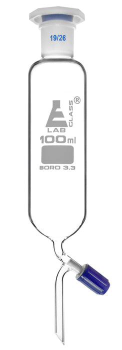 Dropping Funnel, 100mL - Cylindrical, Graduated, Bent Arm - With 19/26 Plastic Stopper & Screw-Type Rotaflow Key Stopcock - Borosilicate Glass
