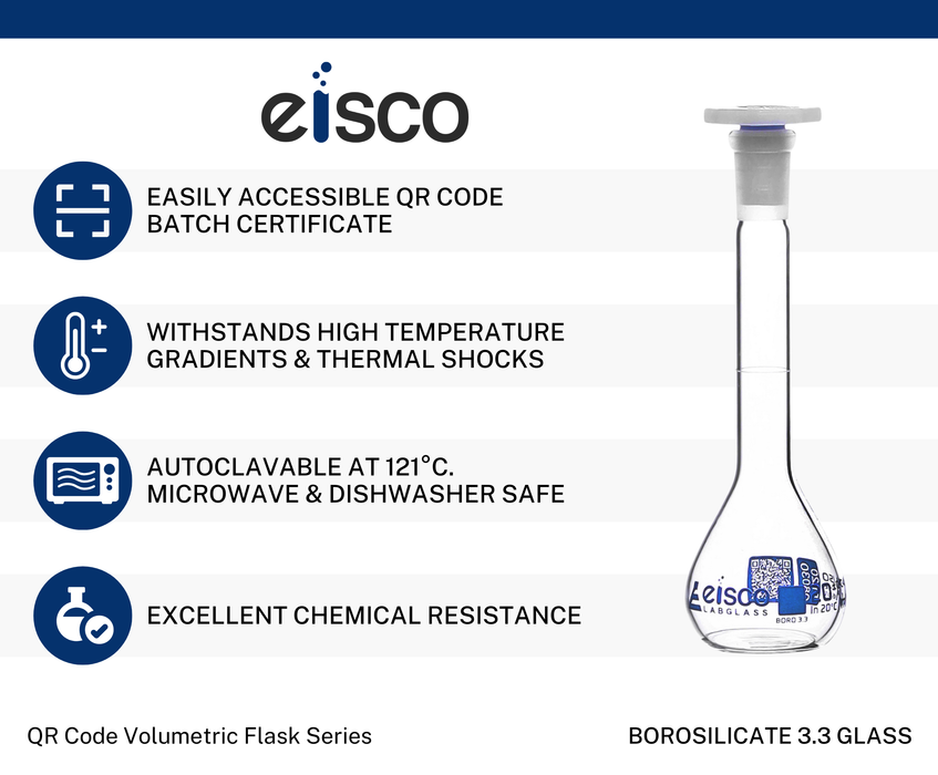 Volumetric Flask, 20mL - Class A - Borosilicate Glass, Polyethylene Stopper, 10/19 Socket - QR Code Marking for Calibration Certificate