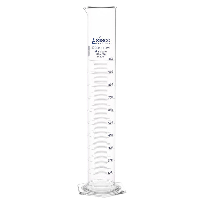 Eisco Labs - 1000mL Measuring Cylinder - Tolerance ±5.00mL - Class A Graduated Cylinder - Calibrated TC - Hexagonal Base - Blue Graduations - Batch Work Certificate QR Code - Boro 3.3 Glass