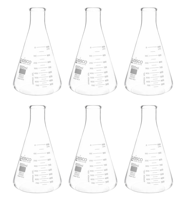 6PK Erlenmeyer Flasks, 1000mL - ASTM, Dual Graduated Scale - Borosilicate Glass