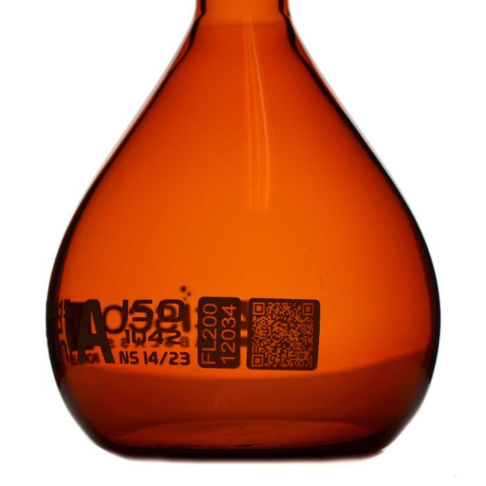 Eisco Amber Volumetric Flask, 200mL - Class A - Borosilicate Glass, Polyethylene Stopper, 14/23 Socket - QR Code Marking for Calibration Certificate