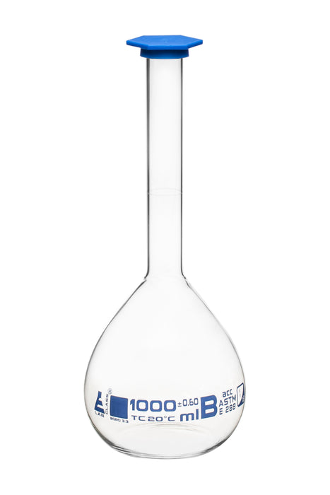 Volumetric Flask, 1000ml - Class B, ASTM - Snap Cap - Blue Graduation Mark, Tolerance ±0.600ml - Eisco Labs