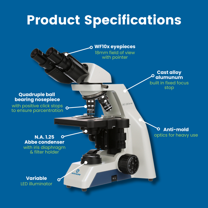 Microscope EXC-120 - Binocular Head, 40-1000X Magnification, Achromat Objectives, Mechanical Stage, Iris Diaphragm