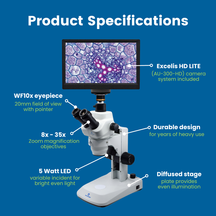 Digital Stereo Microscope with Camera & Monitor, 3079-HDS - 8-35X Zoom Magnification - 1080p HD Resolution - 5 MP Image & 15 FPS Video Capture - HDMI/USB 2.0 Outputs