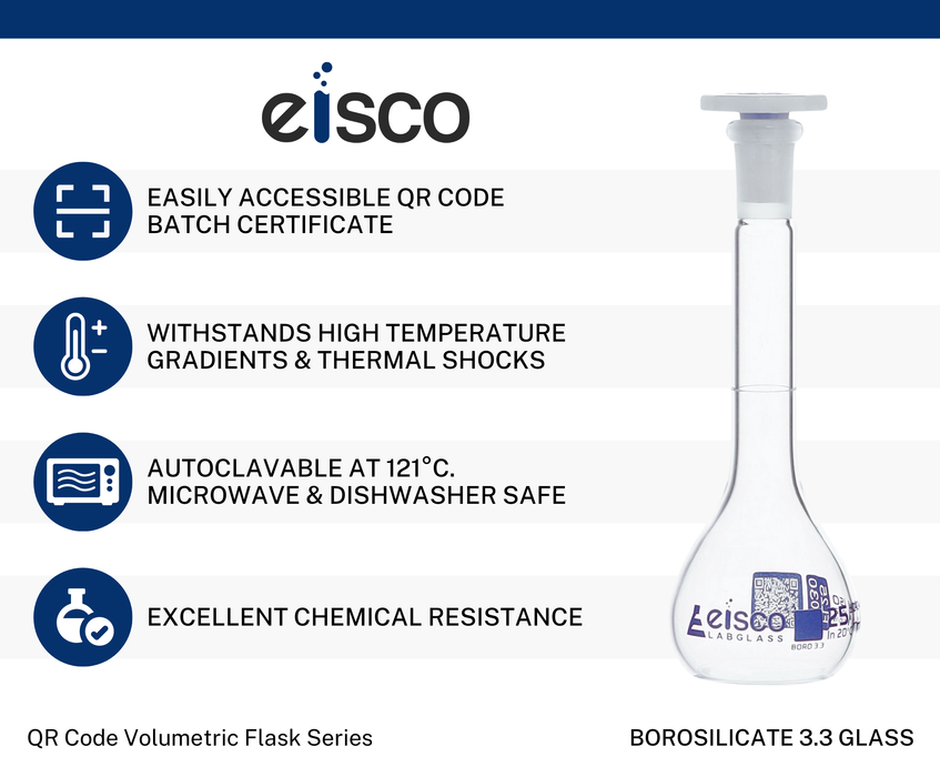 Volumetric Flask, 25mL - Class A - Borosilicate Glass, Polyethylene Stopper, 10/19 Socket - QR Code Marking for Calibration Certificate
