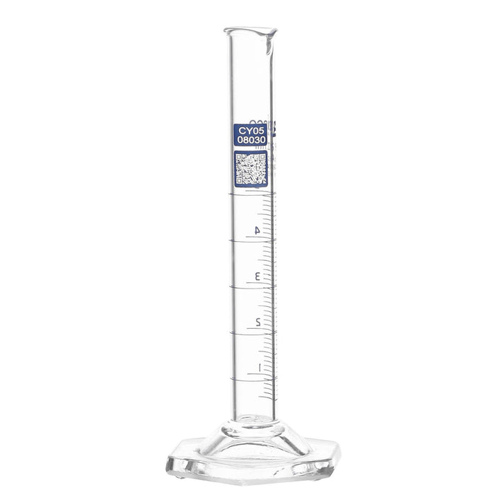 Eisco Labs - 5mL Measuring Cylinder - Tolerance ±0.05mL - Class A Graduated Cylinder - Calibrated TC - Hexagonal Base - Blue Graduations - Batch Work Certificate QR Code - Boro 3.3 Glass