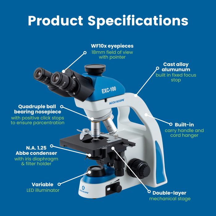 Microscope EXC-103 - Trinocular Head, 40-1000X Magnification, Achromat Objectives, Mechanical Stage, Iris Diaphragm, Cordless LED Illumination