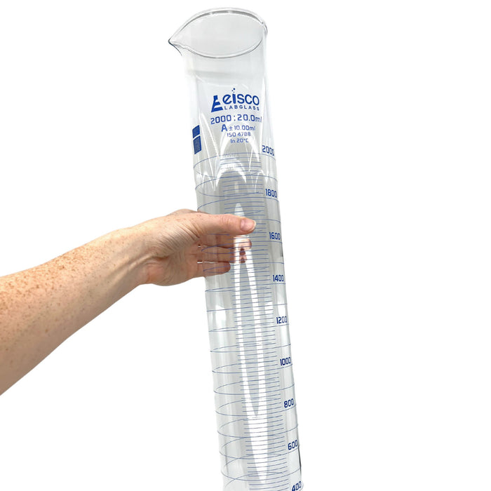 Eisco Labs - 2000mL Measuring Cylinder - Tolerance ±10.00mL - Class A Graduated Cylinder - Calibrated TC - Hexagonal Base - Blue Graduations - Batch Work Certificate QR Code - Boro 3.3 Glass