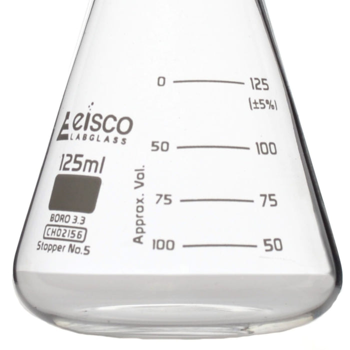 Erlenmeyer Flask, 125mL - ASTM, Dual Graduated Scale - Borosilicate Glass - Narrow Neck Flask, Conical Flask, Glass Flask - Eisco Labs