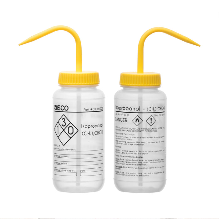 Wash Bottle for Isopropanol, 500ml - Labeled with Chemical Information & Safety Information (1 Color) - Wide Mouth, Self Venting, Low Density Polyethylene - Eisco Labs