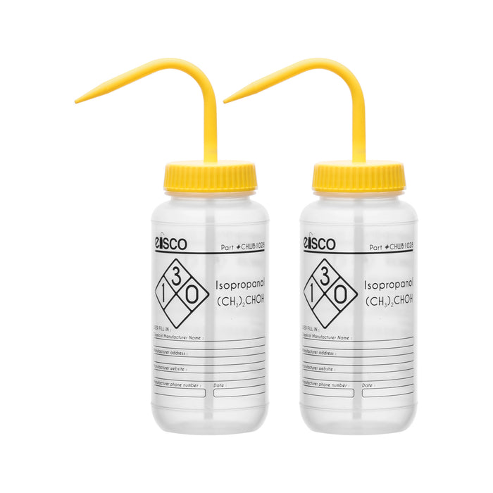 2PK Wash Bottle for Isopropanol, 500ml - Labeled with Chemical Information & Safety Information (1 Color)  - Wide Mouth, Self Venting, Low Density Polyethylene - Eisco Labs