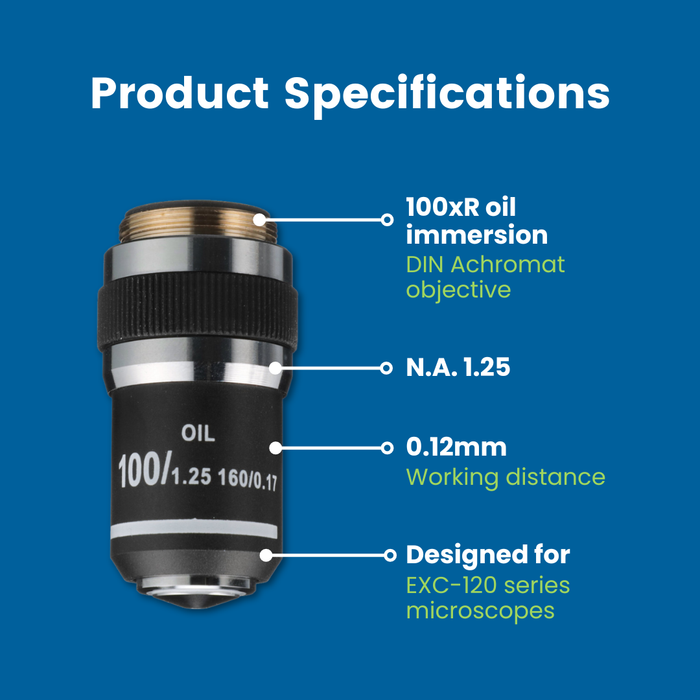 Microscope Objective, 100xR Oil DIN Achromat - Fits Accu-Scope EXC-120 Series Microscopes