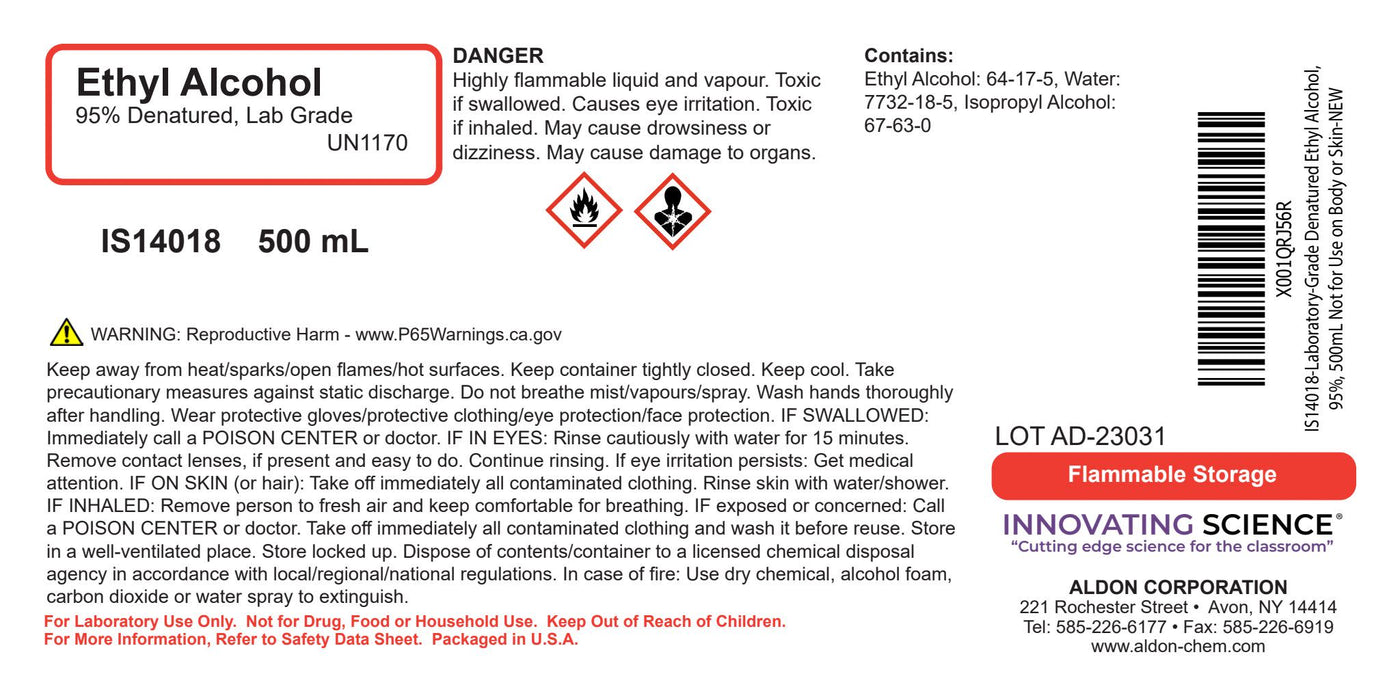 95% Denatured Ethyl Alcohol, 500mL - Laboratory Grade - The Curated Chemical Collection