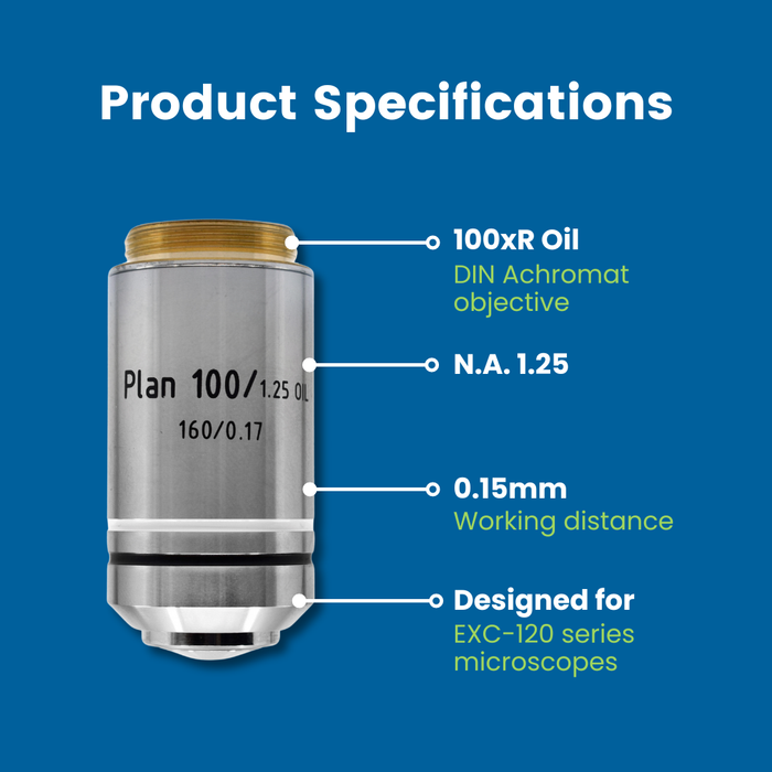 Microscope Objective, 100xR Oil DIN Plan Achromat - Fits Accu-Scope EXC-120 Series Microscopes