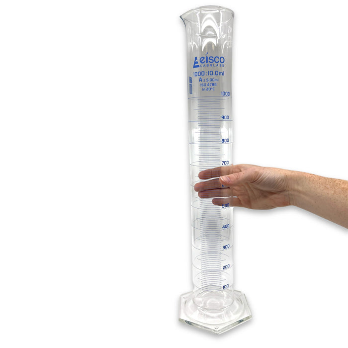 Eisco Labs - 1000mL Measuring Cylinder - Tolerance ±5.00mL - Class A Graduated Cylinder - Calibrated TC - Hexagonal Base - Blue Graduations - Batch Work Certificate QR Code - Boro 3.3 Glass
