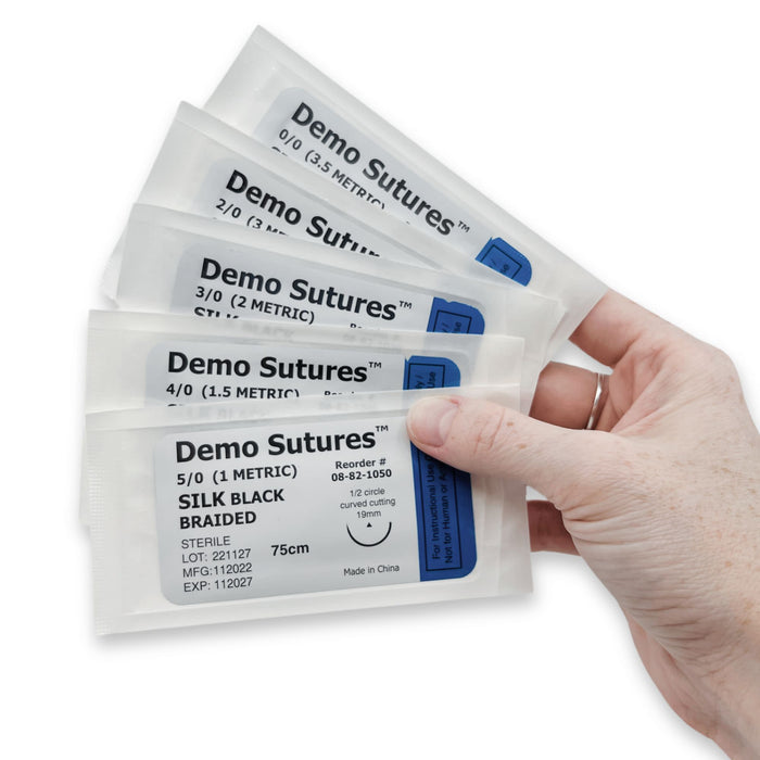 Demo Sutures - Set of 5 Silk Demo Sutures for Practice Suture Kit - 0/0, 2/0, 3/0, 4/0, 5/0 - Black Braided, Sterile, 75cm - Educational Use Only - Medical, Nursing, Veterinary Training