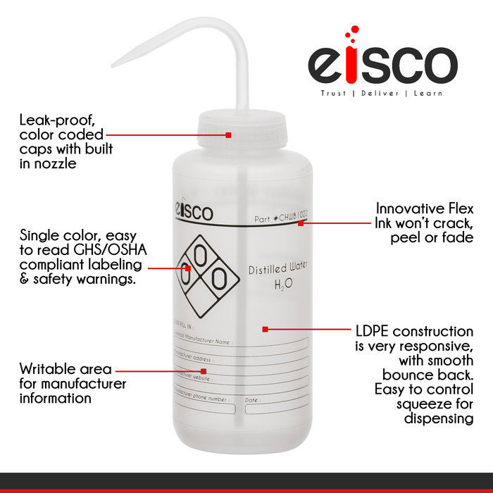 2PK Wash Bottle for Distilled Water, 1000ml - Labeled with Chemical Information & Safety Information (1 Color)  - Wide Mouth, Self Venting, Low Density Polyethylene - Eisco Labs
