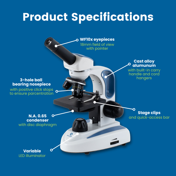 Student Microscope EXM-50 - Monocular Head, 40-400X Magnification, Course Focus, Cordless LED Illumination