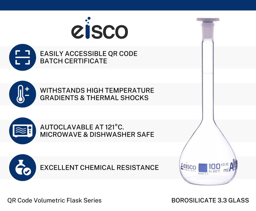 Volumetric Flask, 100mL - Class A - Borosilicate Glass, Polyethylene Stopper, 14/23 Socket - QR Code Marking for Calibration Certificate