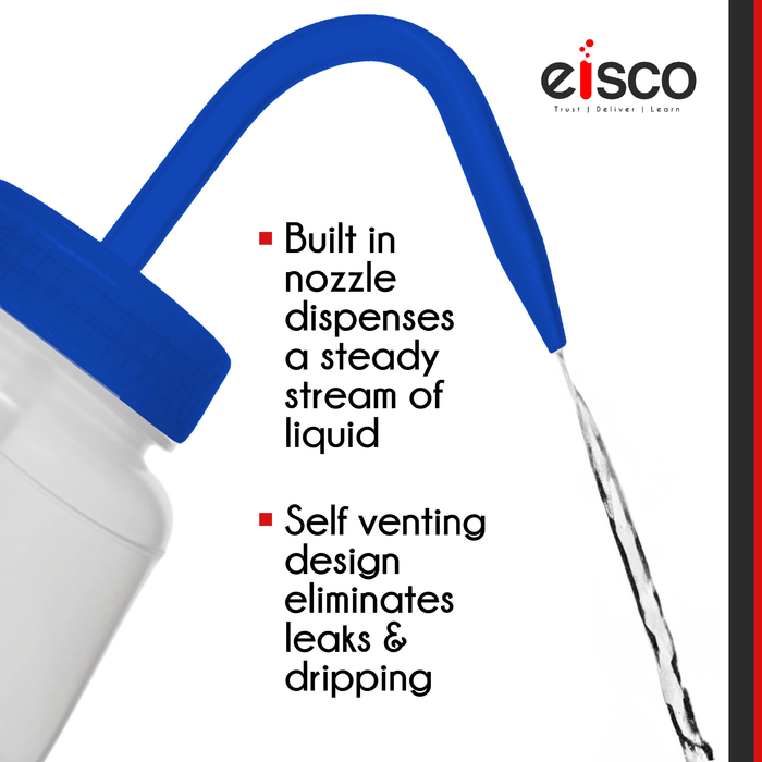 Wash Bottle for Sodium Hypochlorite (Bleach) - Labeled with Color Coded Chemical & Safety Information  - Wide Mouth, Self Venting, LDPE - Performance Plastics by Eisco Labs