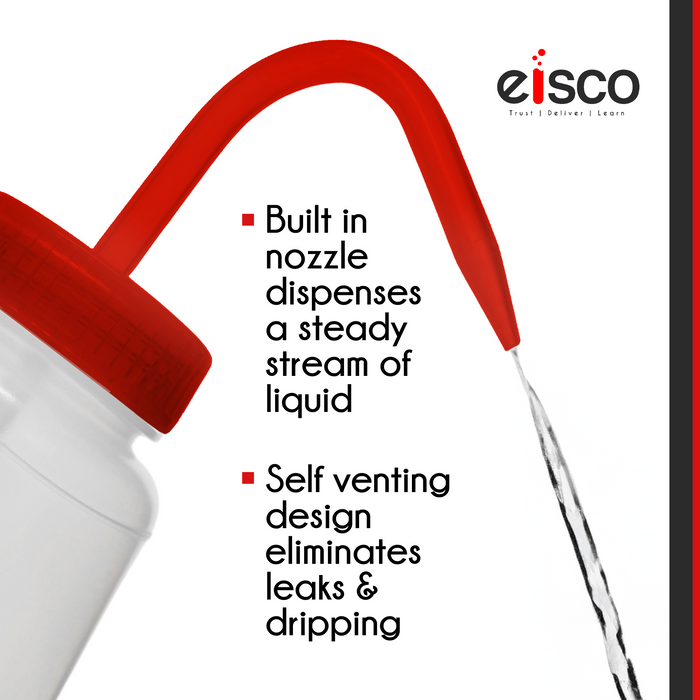 2PK Wash Bottle for Acetone, 1000ml - Labeled with Color Coded Chemical & Safety Information (4 Colors) - Wide Mouth, Self Venting, Low Density Polyethylene - Eisco Labs