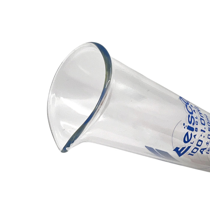 Eisco Labs - 100mL Measuring Cylinder - Tolerance ±0.50mL - Class A Graduated Cylinder - Calibrated TC - Hexagonal Base - Blue Graduations - Batch Work Certificate QR Code - Boro 3.3 Glass