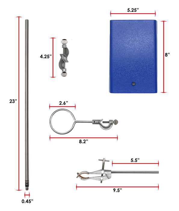 10PK Chemical Resistant Steel Lab Stand Set - Support Stand (8" x 5"), 12mm Dia. Rod (23.6" L), Cork Lined Burette Clamp with Boss Head and Retort Ring (2.5" Dia)