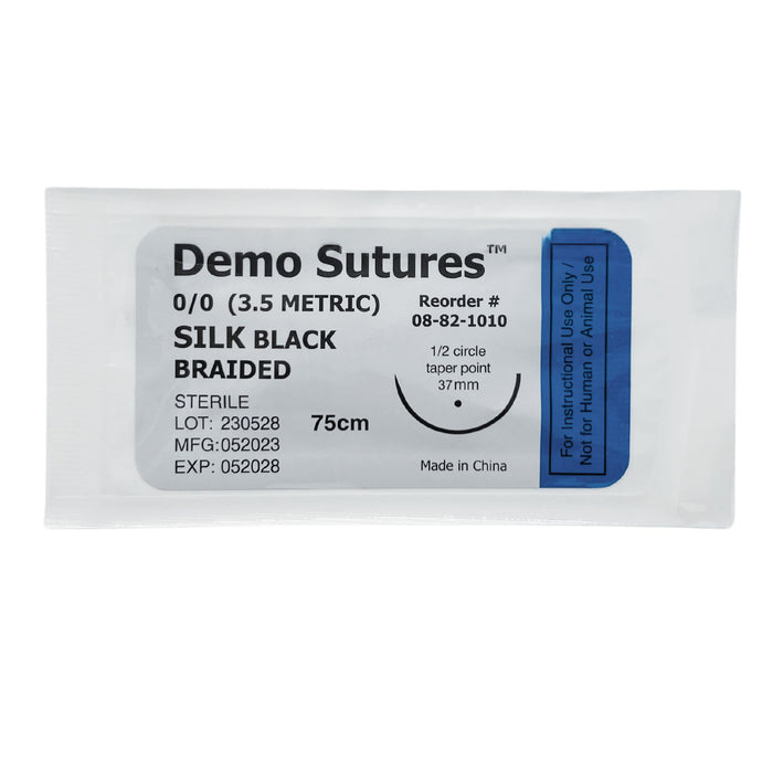 Demo Sutures - Set of 5 Silk Demo Sutures for Practice Suture Kit - 0/0, 2/0, 3/0, 4/0, 5/0 - Black Braided, Sterile, 75cm - Educational Use Only - Medical, Nursing, Veterinary Training