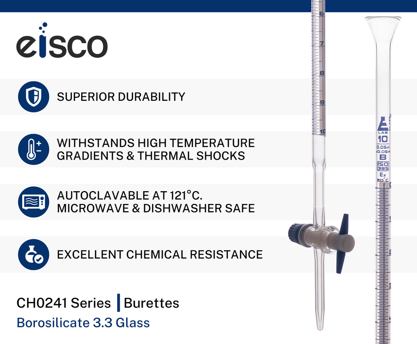 Schellbach Burette, 10mL - Class B - PTFE Stopcock - Blue Graduations - Borosilicate Glass