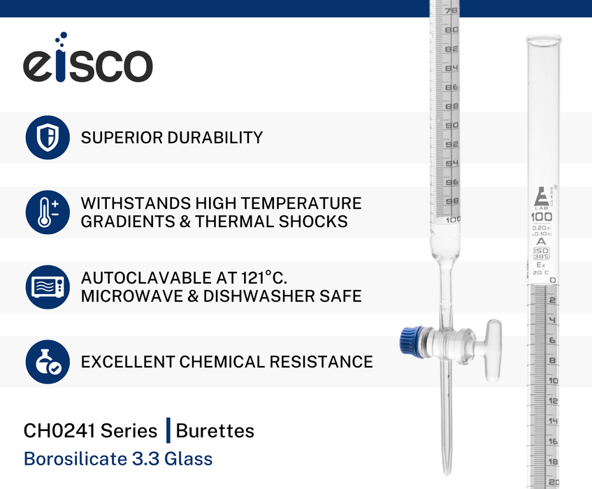 Schellbach Burette, 100mL - Class A - Glass Stopcock - White Graduations - Borosilicate Glass