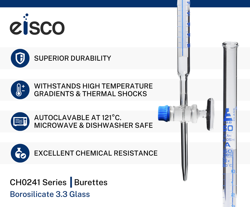 Schellbach Burette, 50mL - Class A - Glass Stopcock - Blue Graduations - Borosilicate Glass