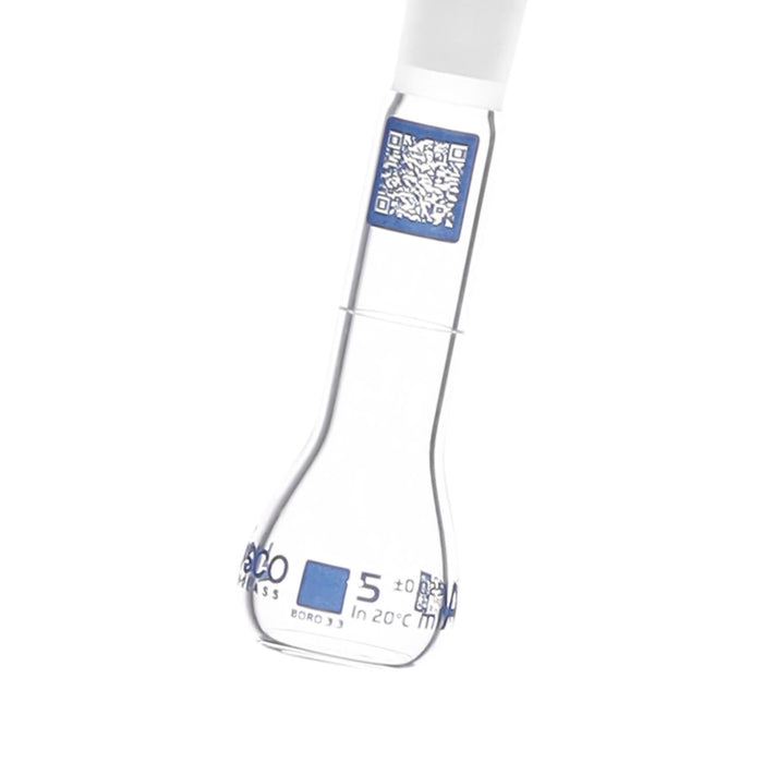 Eisco Volumetric Flask, 5mL - Class A - Borosilicate Glass, Polyethylene Stopper, 10/19 Socket - QR Code Marking for Calibration Certificate