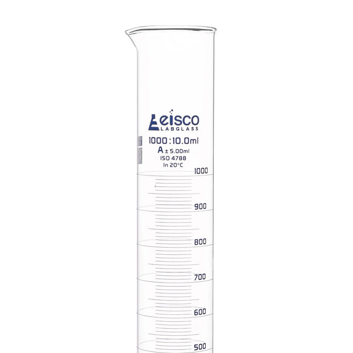 Eisco Labs - 1000mL Measuring Cylinder - Tolerance ±5.00mL - Class A Graduated Cylinder - Calibrated TC - Hexagonal Base - Blue Graduations - Batch Work Certificate QR Code - Boro 3.3 Glass