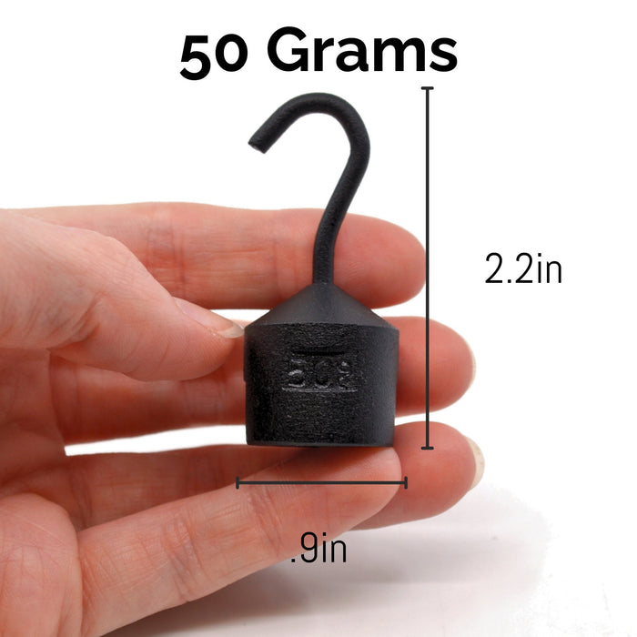 Eisco Labs - Hooked Weight 5-Pack, 50g Each - Iron Weight, Cylindrical with Hook and Bottom Slot for Physics Experiments and Scale Calibration