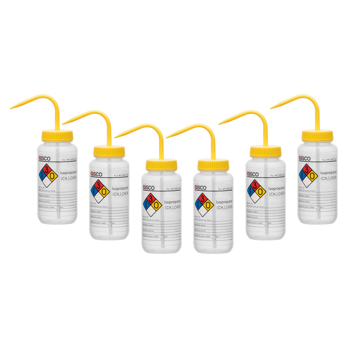 6PK Wash Bottle for Isopropanol, 500ml - Labeled with Color Coded Chemical & Safety Information (4 Colors) - Wide Mouth, Self Venting, Low Density Polyethylene - Eisco Labs