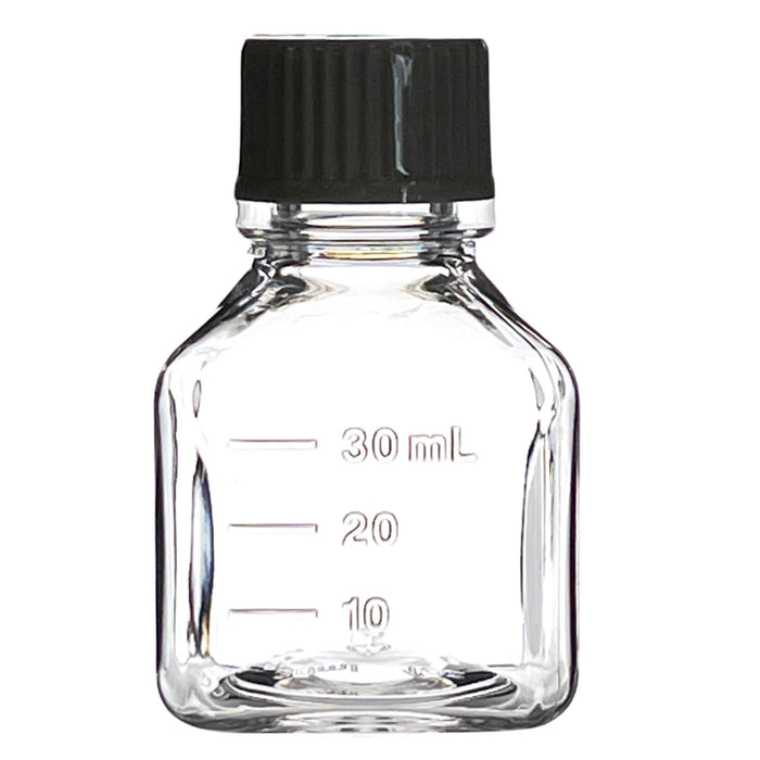 Eisco - Pack of 24, 30mL Sterile PETG Media Bottles with HDPE Caps, Square, Leak-Proof, Tamper-Evident, Non-Pyrogenic, Gamma Sterilized, Ideal for Lab Reagents, Buffers & Biopharmaceutical Use