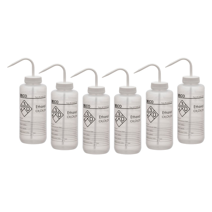 6PK Wash Bottle for Ethanol, 1000ml - Labeled with Chemical Information & Safety Information (1 Color)  - Wide Mouth, Self Venting, Low Density Polyethylene - Eisco Labs